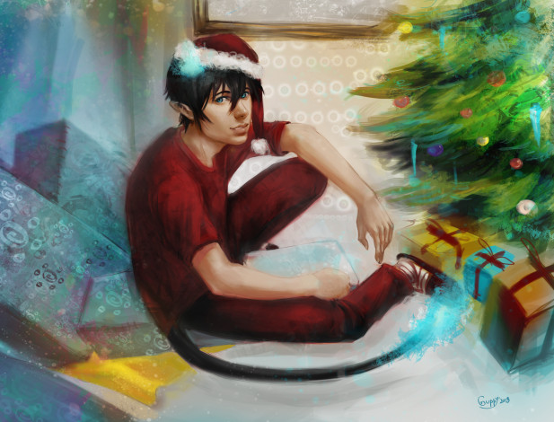 Обои картинки фото аниме, ao no exorcist, брюнет, сидит, новогодняя, шапка, демон, рин, парень