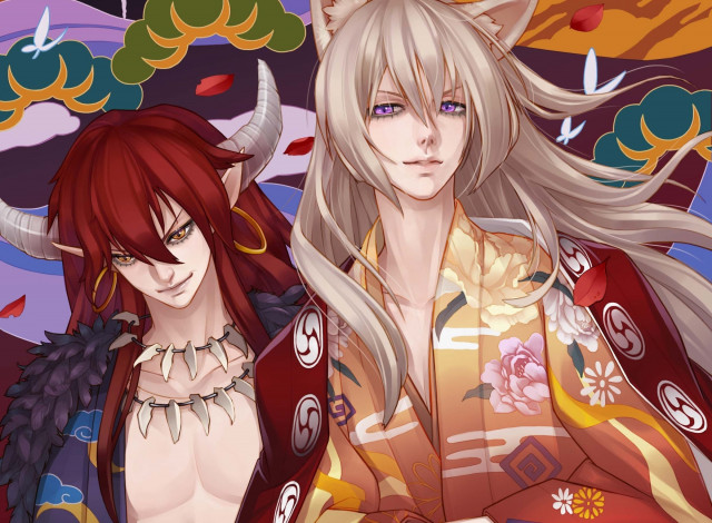 Обои картинки фото аниме, -animals, парни, рога, уши, кимоно, бусы, серьги, узор, фон