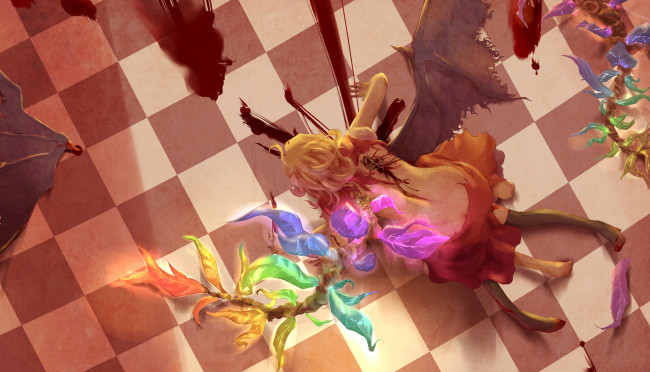 Обои картинки фото by koko , bemaec, аниме, touhou, remilia, scarlet, flandre, девушки, демон, крылья, пол, кровь, клетчатый