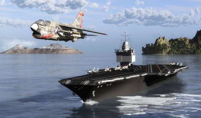 Обои картинки фото корабли, 3d, море, небо, облака, авианосец, самолеты