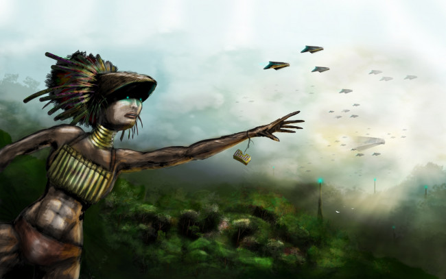 Обои картинки фото джунгли, фэнтези, девушки, девушка, космические, корабли, индеец