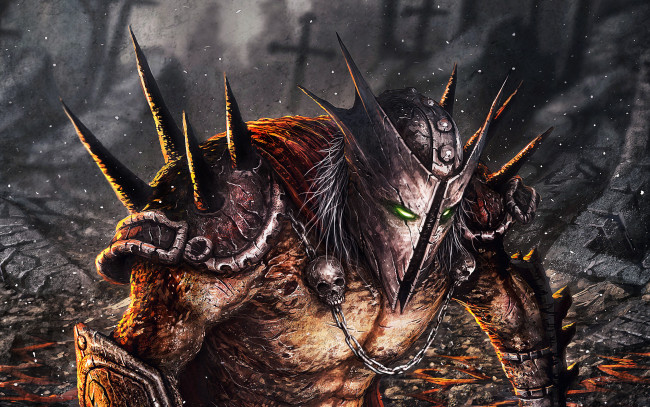 Обои картинки фото фэнтези, существа, воин, монстр, доспехи, шлем, черепа
