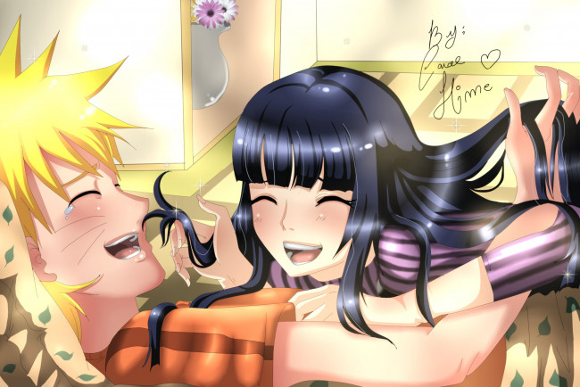 Обои картинки фото аниме, naruto, комната, хината, арт, наруто, брюнетка, блондин, девушка, парень, цветок