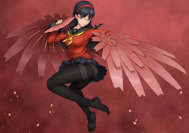 Обои картинки фото аниме, persona 4, взгляд, улыбка, крылья, веера