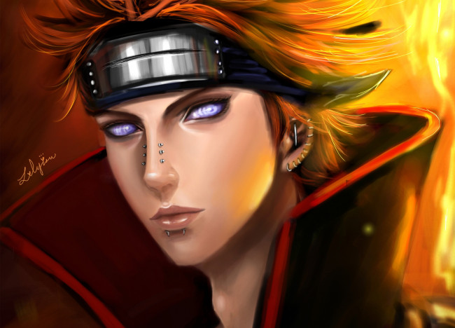 Обои картинки фото аниме, naruto, рыжий, яхико, арт, взгляд, риннеган, парень, пирсинги, акатцки, воротник, свет