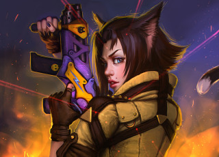 Картинка фэнтези существа девушка ушки оружие пистолет прицел лазер целеуказатель уши арт