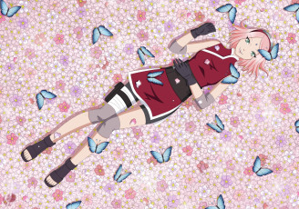 Картинка аниме naruto девушка сакура улыбка бабочки цветы