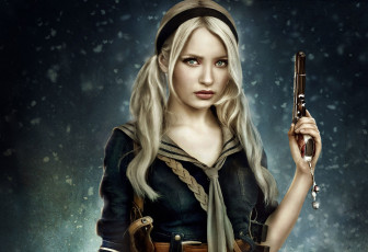 Картинка фэнтези девушки девушка кобура джинсовка пистолет блондинка