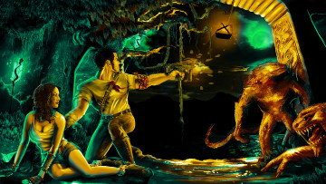 Картинка фэнтези иные+миры +иные+времена девушка мужчина существо пистолет