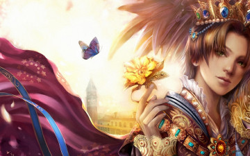 Картинка фэнтези люди парень цветок башня бабочка корона драгоценности плащ
