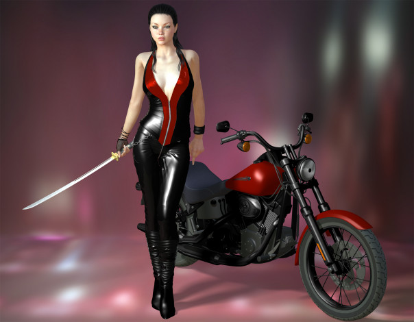 Обои картинки фото 3д графика, люди-авто, мото , people- car ,  moto, девушка, взгляд, фон, мотоцикл, оружие