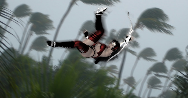 Обои картинки фото 3д графика, фантазия , fantasy, фон, оружие, взгляд, девушка