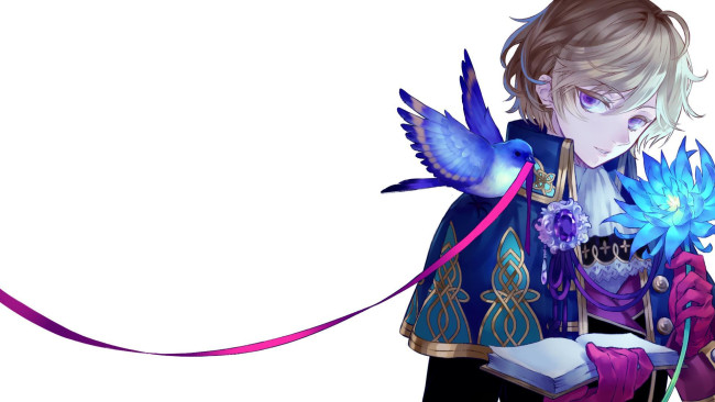 Обои картинки фото аниме, животные,  существа, птичка, книга, лента, парень