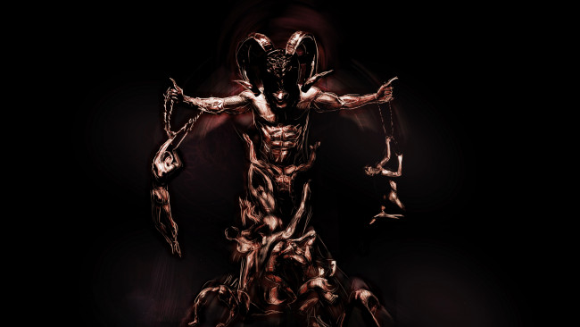 Обои картинки фото фэнтези, демоны, пирамида, мужчины, существо, рога