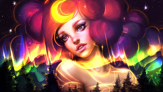 Обои картинки фото фэнтези, девушки, девушка, фон, взгляд, сияние, звезды