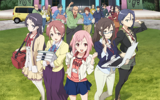 Обои картинки фото аниме, sakura quest, девушки, взгляд, фон