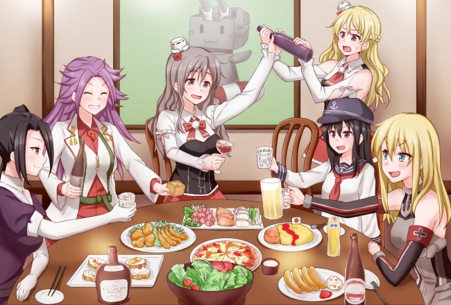 Обои картинки фото аниме, kantai collection, фон, взгляд, девушки