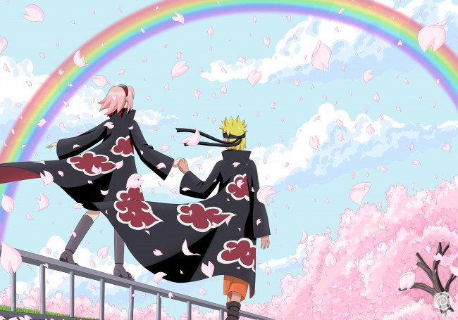 Обои картинки фото аниме, naruto, прогулка, сакура, наруто, лепестки, радуга, свидание