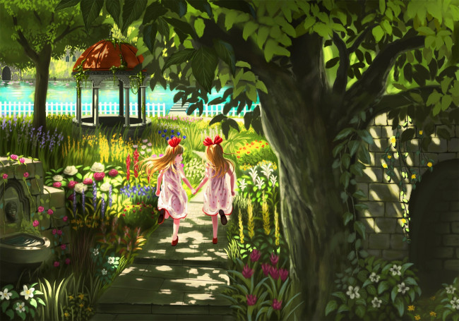 Обои картинки фото аниме, unknown,  другое, сад, фон, взгляд, девушки