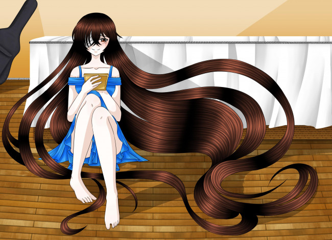 Обои картинки фото аниме, unknown,  другое, девушка, пол, повязка, улыбка, кровать