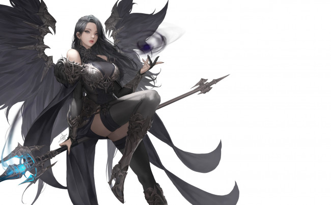Обои картинки фото фэнтези, ангелы, девушка, костюм, фэнтази, фон, крылья, оружие, взгляд, поза