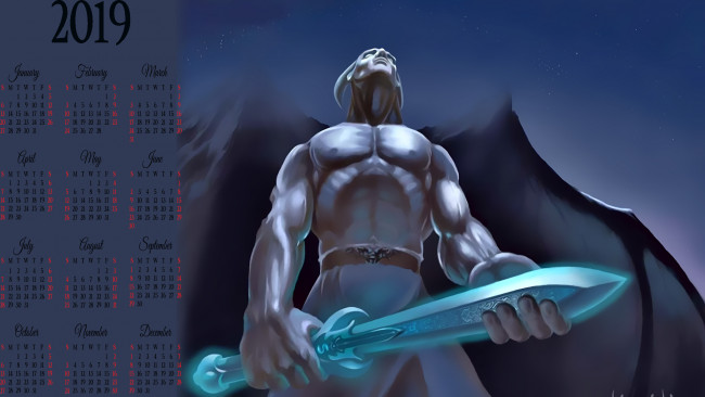 Обои картинки фото календари, фэнтези, существо, крылья, рога, оружие