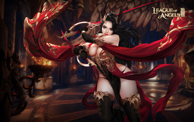 Обои картинки фото видео игры, league of angels, мечи, рога, девушка, зал