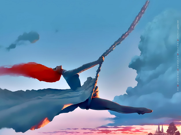 Обои картинки фото календари, фэнтези, девушка, рыжая, облако, качели, calendar, 2020