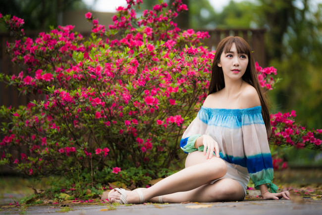Обои картинки фото девушки, - азиатки, шатенка, блузка, куст, цветение