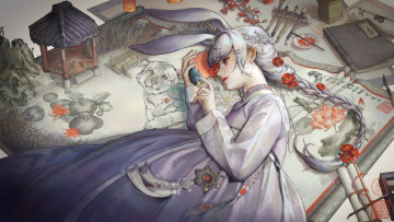 Картинка аниме животные +существа девушка ушки ковер