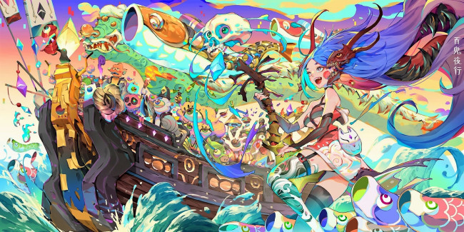 Обои картинки фото аниме, животные,  существа, девушка, корабль, существа