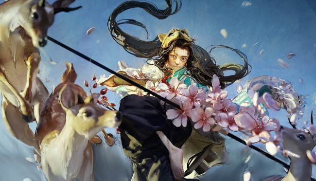 Обои картинки фото фэнтези, девушки, девушка, олени, цветы, лук