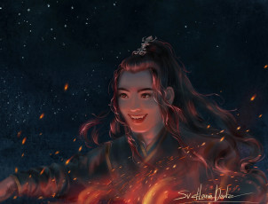 Картинка рисованное кино +мультфильмы ван хао сюань сюэ ян ночь костёр огонь искры