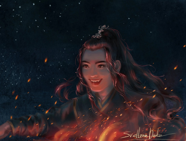 Обои картинки фото рисованное, кино,  мультфильмы, ван, хао, сюань, сюэ, ян, ночь, костёр, огонь, искры