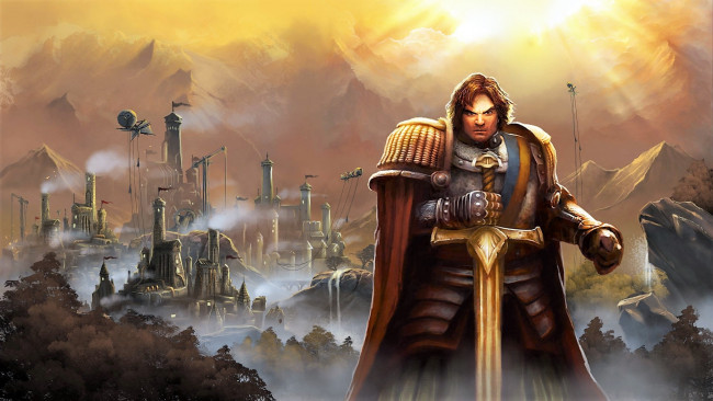 Обои картинки фото видео игры, age of wonders iii, воин, меч, плащ, город