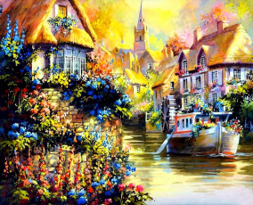 Картинка рисованное jim+mitchell дома катер река