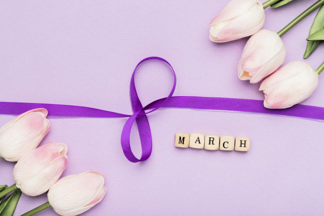 Обои картинки фото праздничные, международный женский день - 8 марта, тюльпаны, лента