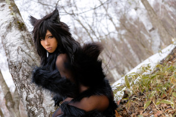 Картинка девушки nonsummerjack образ косплей наряд мех костюм лес березы снег ушки хвост
