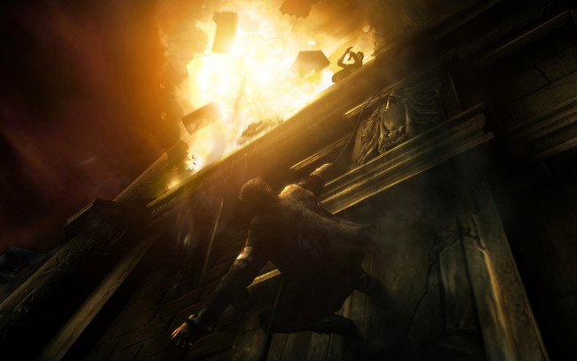 Обои картинки фото видео игры, alone in the dark, здание, стена, человек, взрыв