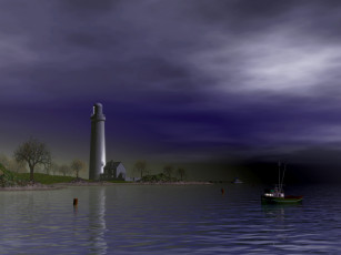 Картинка 3д графика sea undersea море деревья маяк корабль