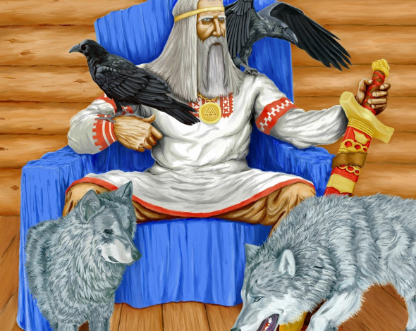 Обои картинки фото рисованные, люди, старый, хрофт, волк, ворон, меч