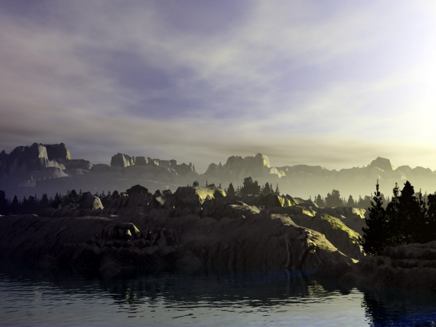 Обои картинки фото 3д, графика, nature, landscape, природа, деревья, горы, вода