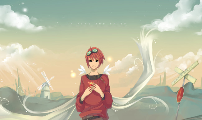 Обои картинки фото аниме, *unknown, другое, перья, парень, gasara, мельница, знак, очки, медальон