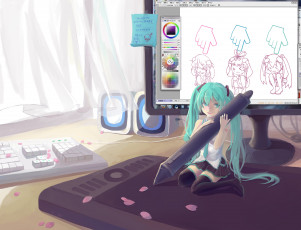 Картинка аниме vocaloid painttool sai hatsune miku девушка монитор арт карандаш редактор