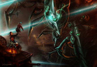 Картинка фэнтези роботы +киборги +механизмы гигантский робот оружие девушка арт