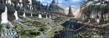 Картинка фэнтези иные+миры +иные+времена дракон водопады арт nagi itsuki город горы пейзаж реки