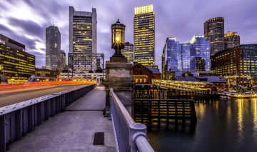 Картинка бостон+сша города бостон+ сша фонари ночь мост река дома бостон