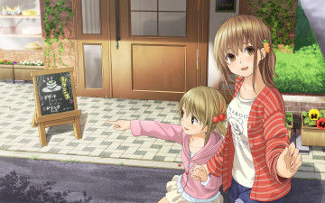 Картинка аниме город +улицы +здания мольберт растение кафе девочки yoropa