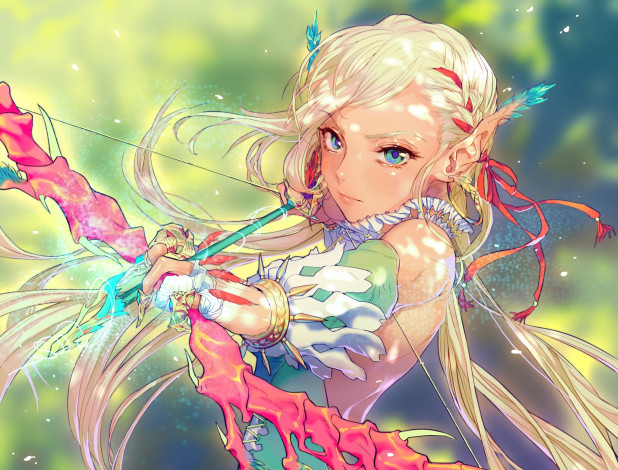 Обои картинки фото аниме, оружие,  техника,  технологии, уши, лук, эльфийка, арт, rukiana