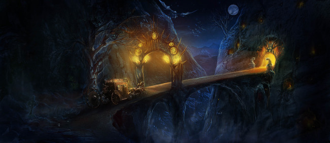 Обои картинки фото фэнтези, иные миры,  иные времена, луна, огни, карета, арт, alexandra, kuznetsova, ночь, мост, кони, горы